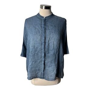 120% Lino Blue Linen Button Up 3/4 Sleeve Top Women’s 42‎ US Small Minimalist